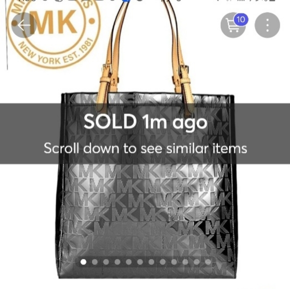 MICHAEL KORS Metallic Pewter Mirror Logo PVC & Leather North South Jet Set Tote - Picture 13 of 16